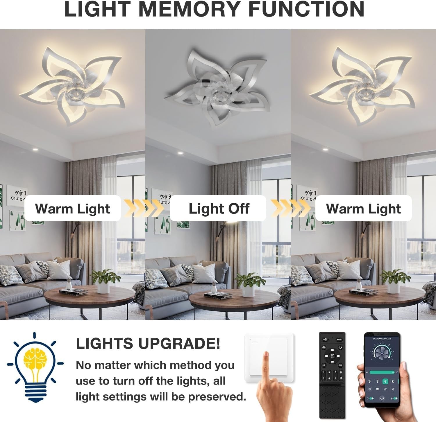 Chrome Ceiling Fan with Lights, 6 Speeds, Dimmable LED