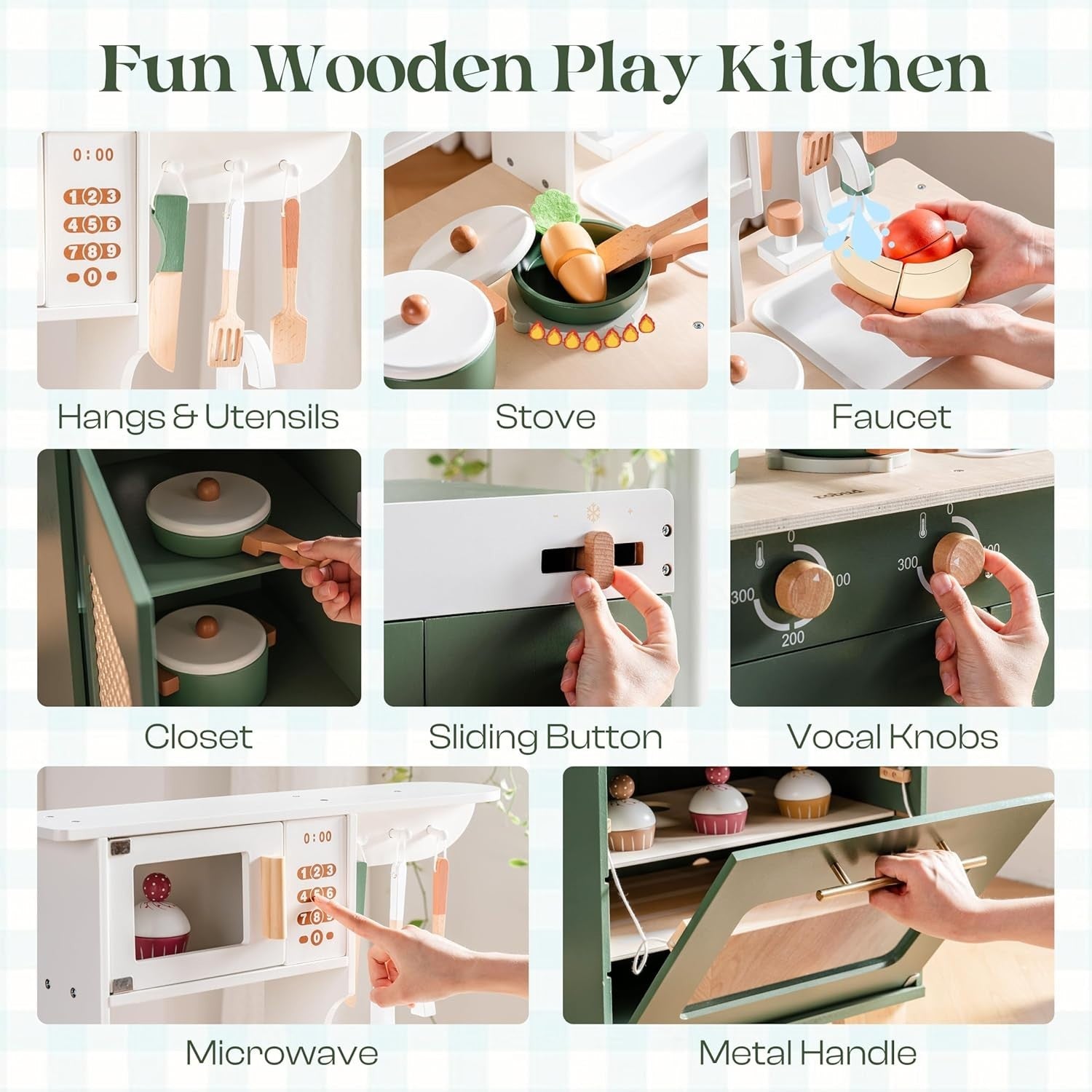 Wooden Kids Play Kitchen 3-in-1 Fridge Oven Sink Green Toy