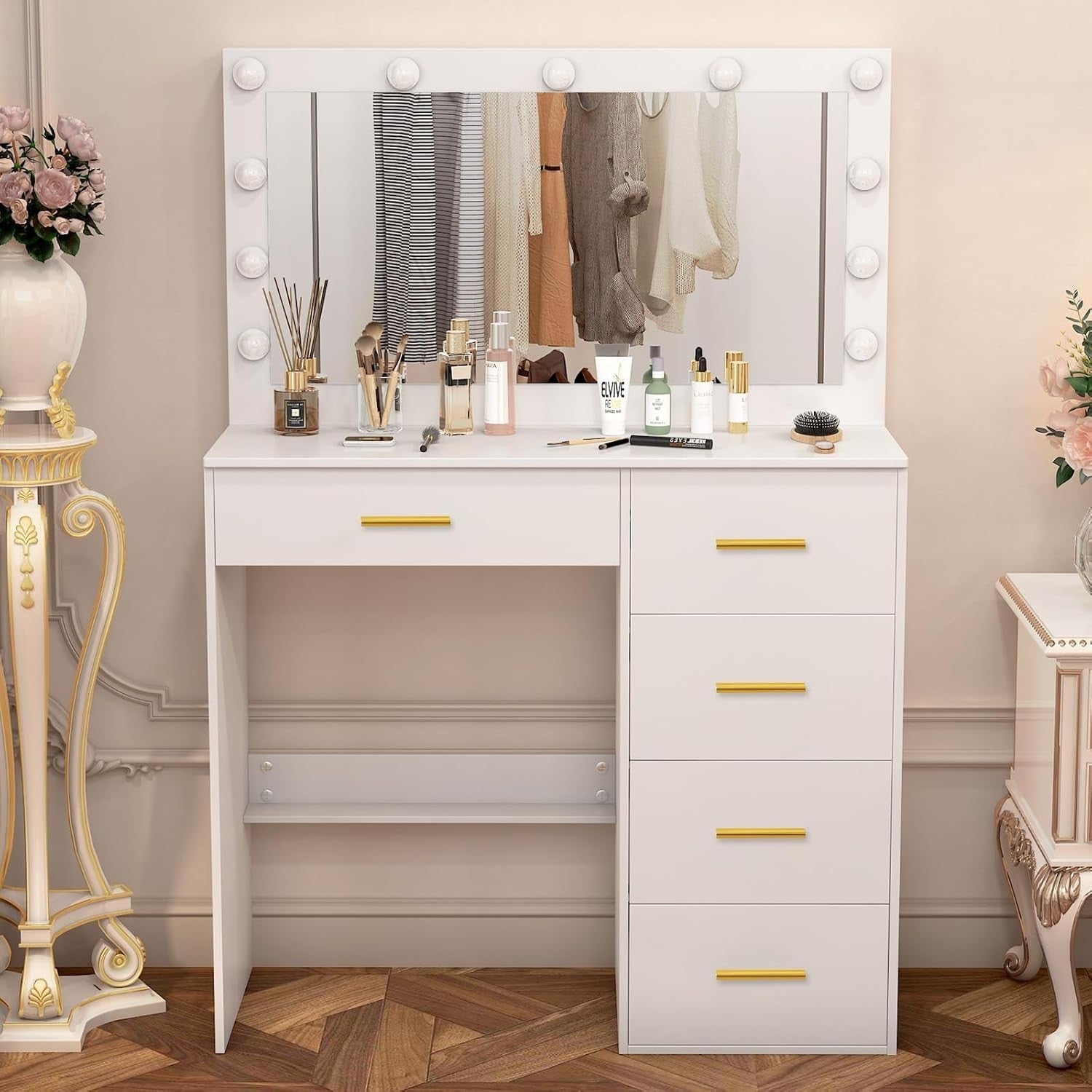 Vanity Table Large Lighted Mirror Desk 3 Color LED 5 Drawer Engineered Wood