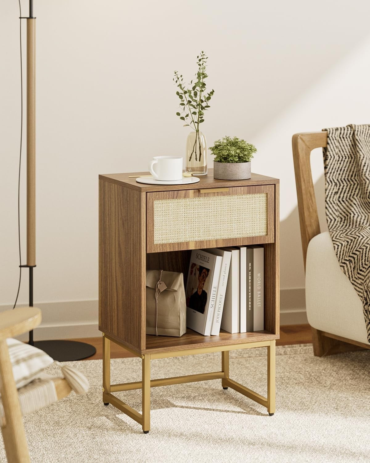Modern Rattan Bedside Table with Drawer & Shelf – Walnut Wood Nightstand