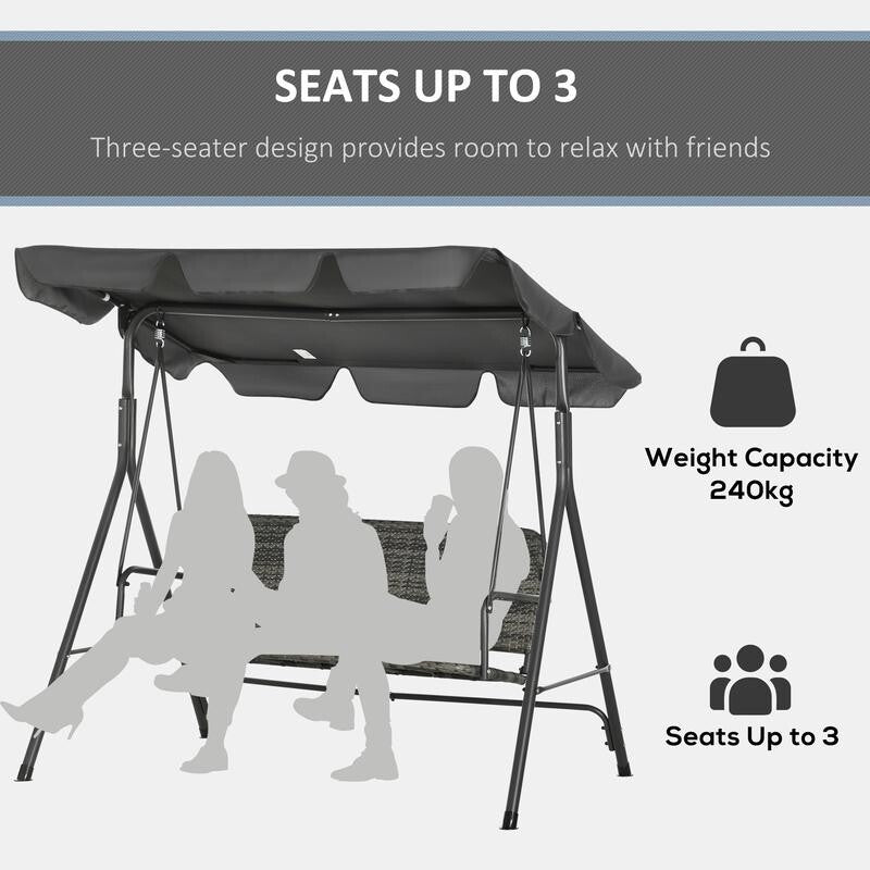 3-Seater Grey Rattan Garden Swing Chair with Canopy Outdoor Patio Seat