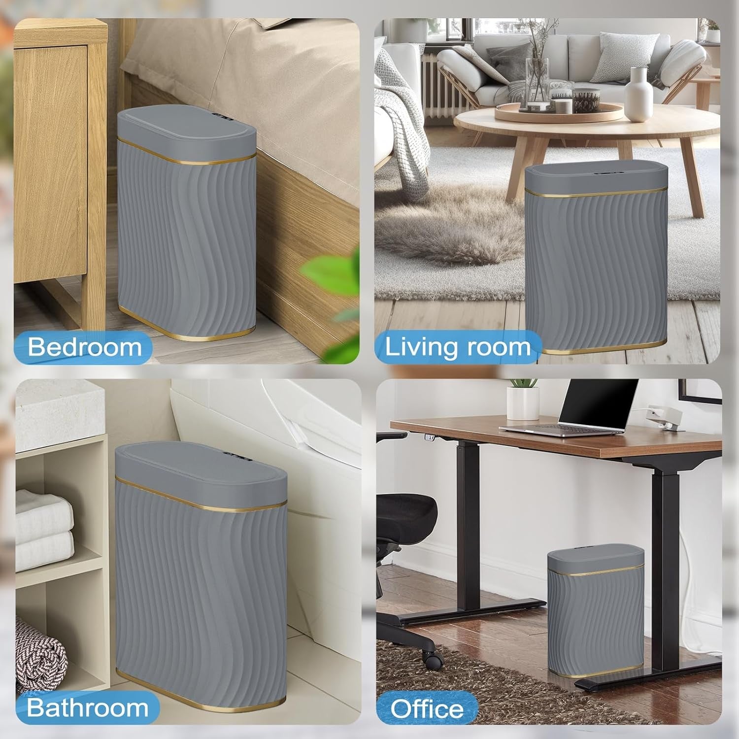 2.6 Gallon Touchless Bathroom Bin Waterproof Slim Smart Trash Can Grey