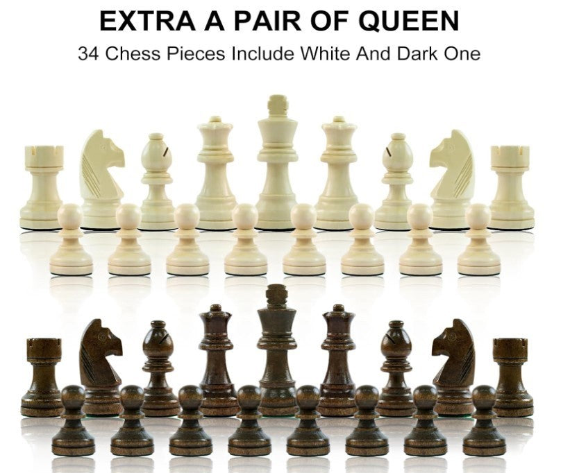 Luxury Weighted Wooden Chess Pieces 3.6" King – 32pc Set + 2 Extra Queens