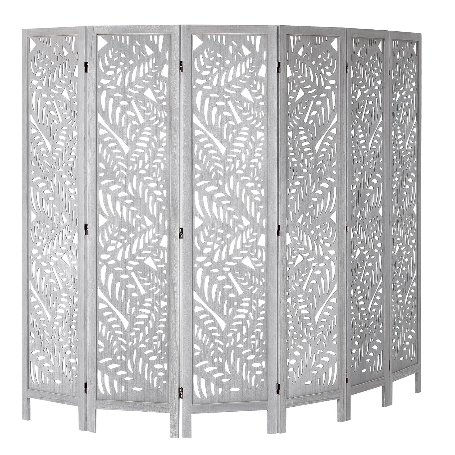 6 Panel White Folding Room Divider Carved Wood Privacy Screen 242x171cm