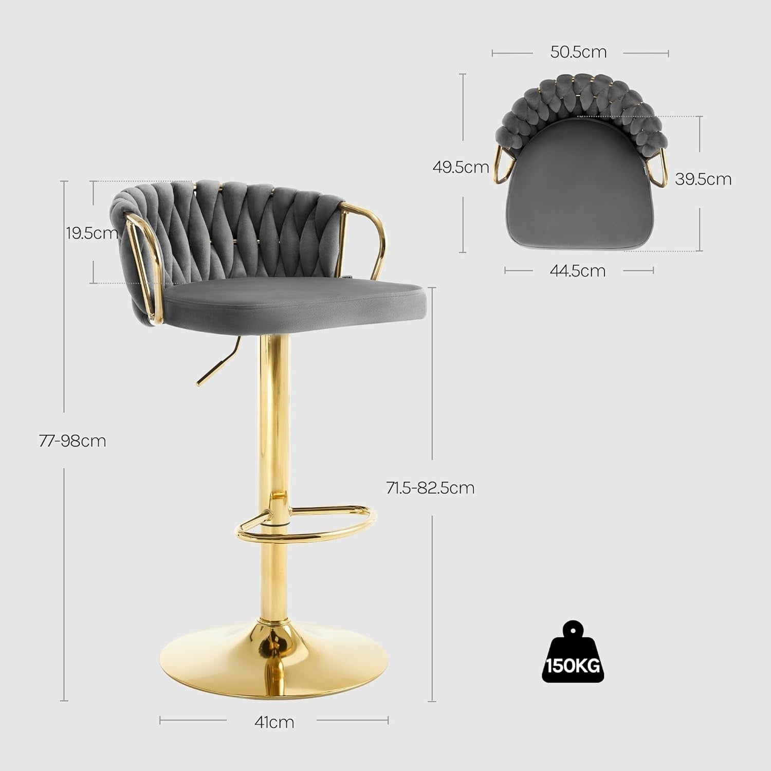 Adjustable Velvet Bar Stool Dark Grey 360° Swivel Kitchen Counter