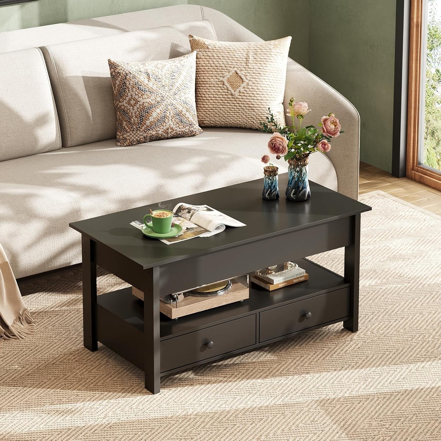 Lift Top Coffee Table with Storage Drawers & Hidden Compartment 100x50cm Black