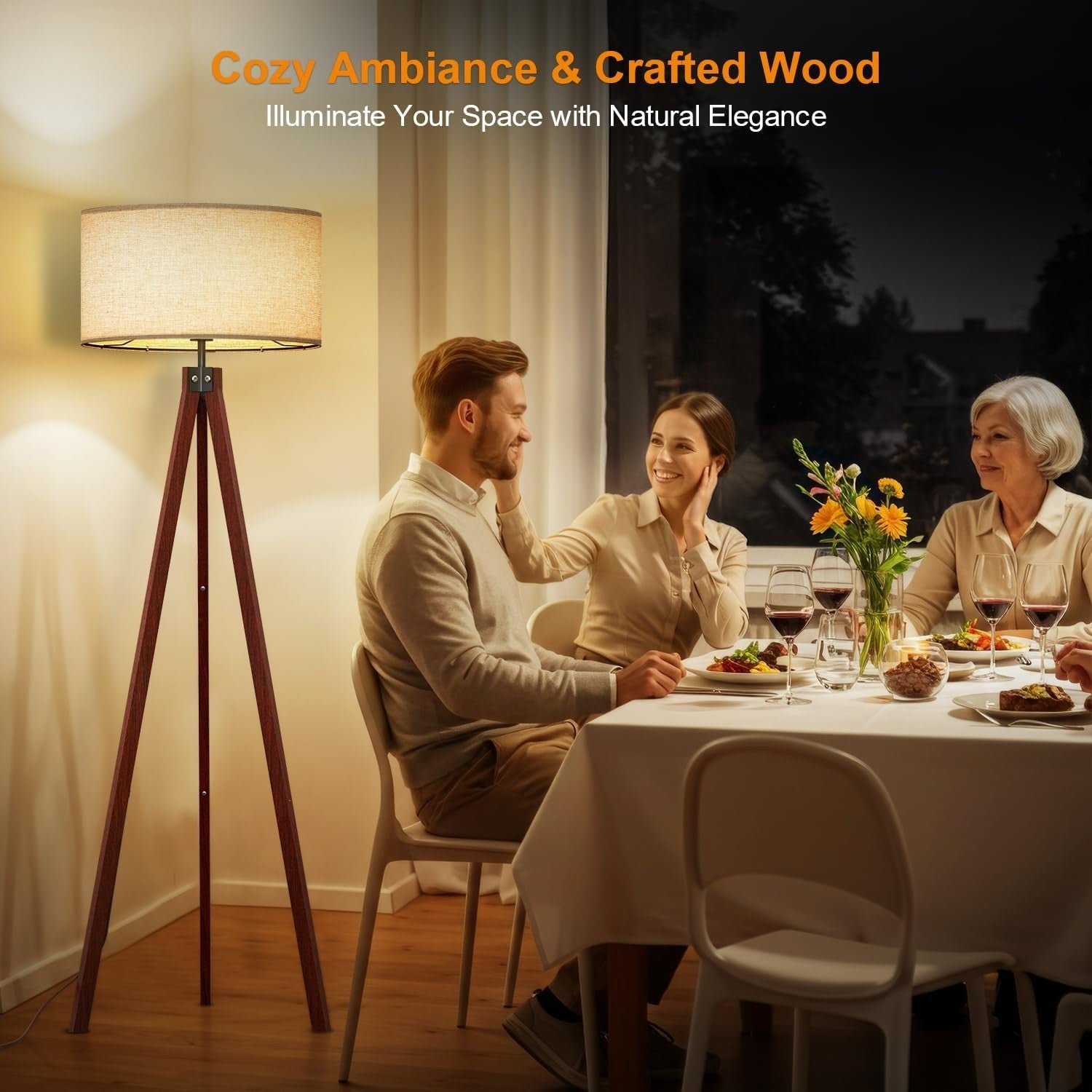 Modern Tripod Floor Lamp Brown E27 Wood Legs, Flax Shade Home Office