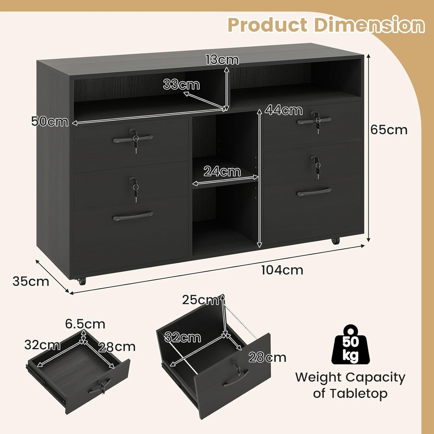 Black Wide Mobile File Cabinet 4 Drawer Lockable Lateral Printer Stand