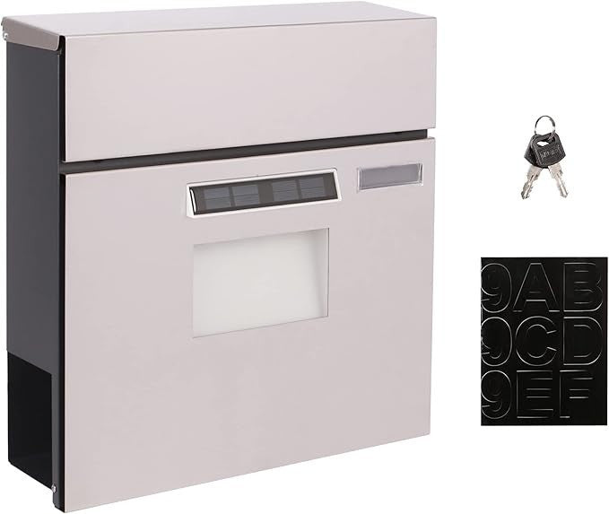 Wall Mounted Stainless Steel Mailbox with Solar LED, Lock, A4 Slot, Weatherproof