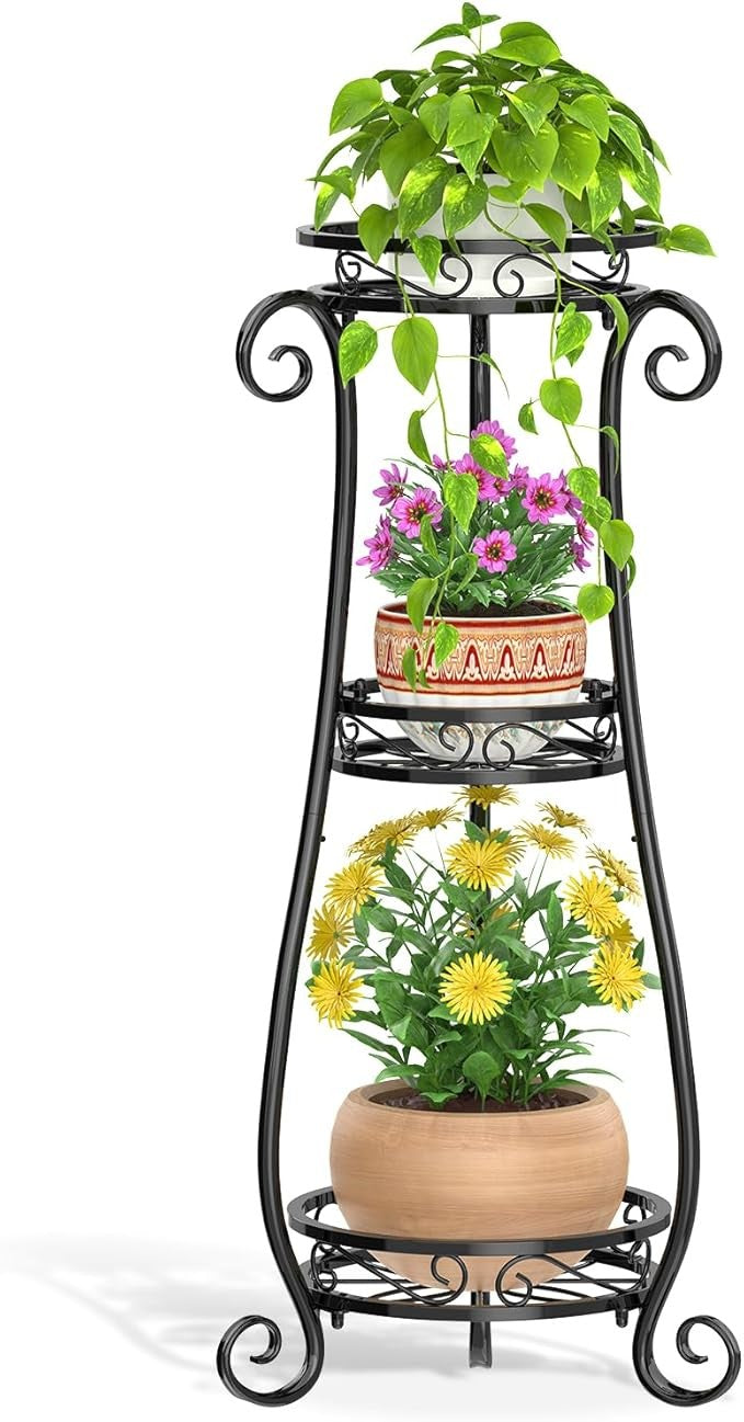 3 Tier Black Metal Plant Stand Indoor Outdoor Tall Flower Pot Display Rack