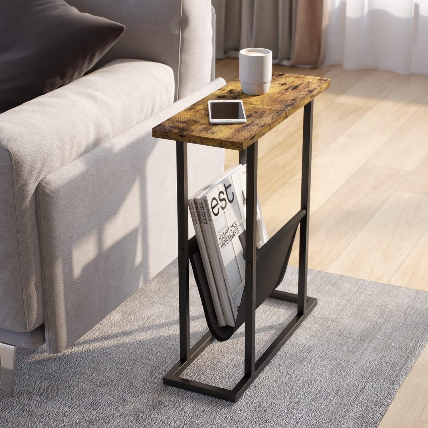 Narrow Side Table with Storage Bag Slim Sofa Bedside Table Small Space 18x45x54