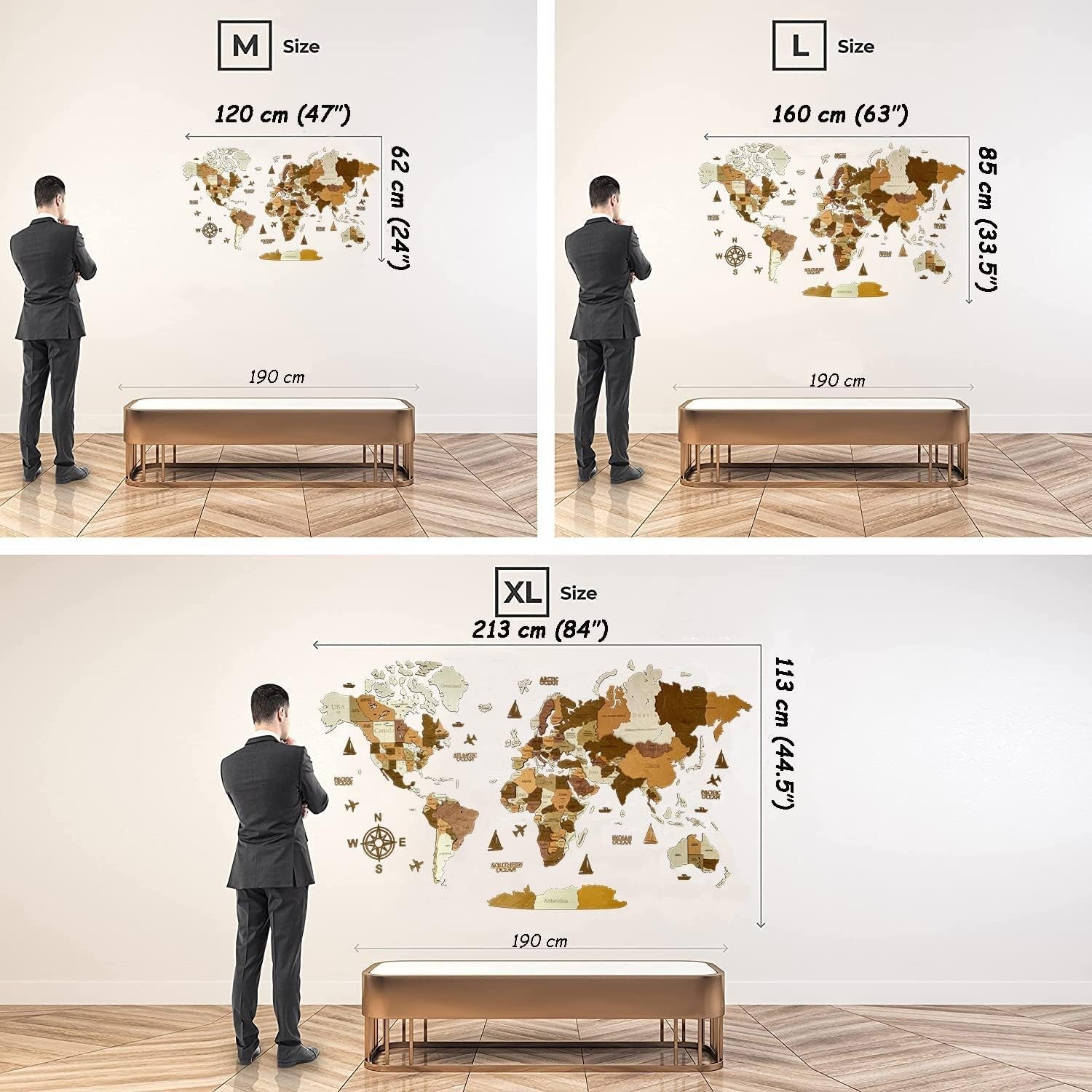 3D Wooden World Map Wall Art Large Travel Decor Home Office Gift