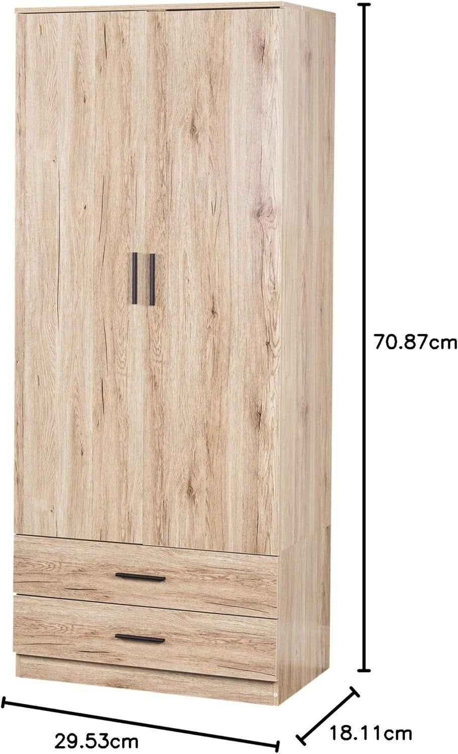 Modern Oak 2 Door Wardrobe with Drawers | Bedroom Storage & Hanging Rail