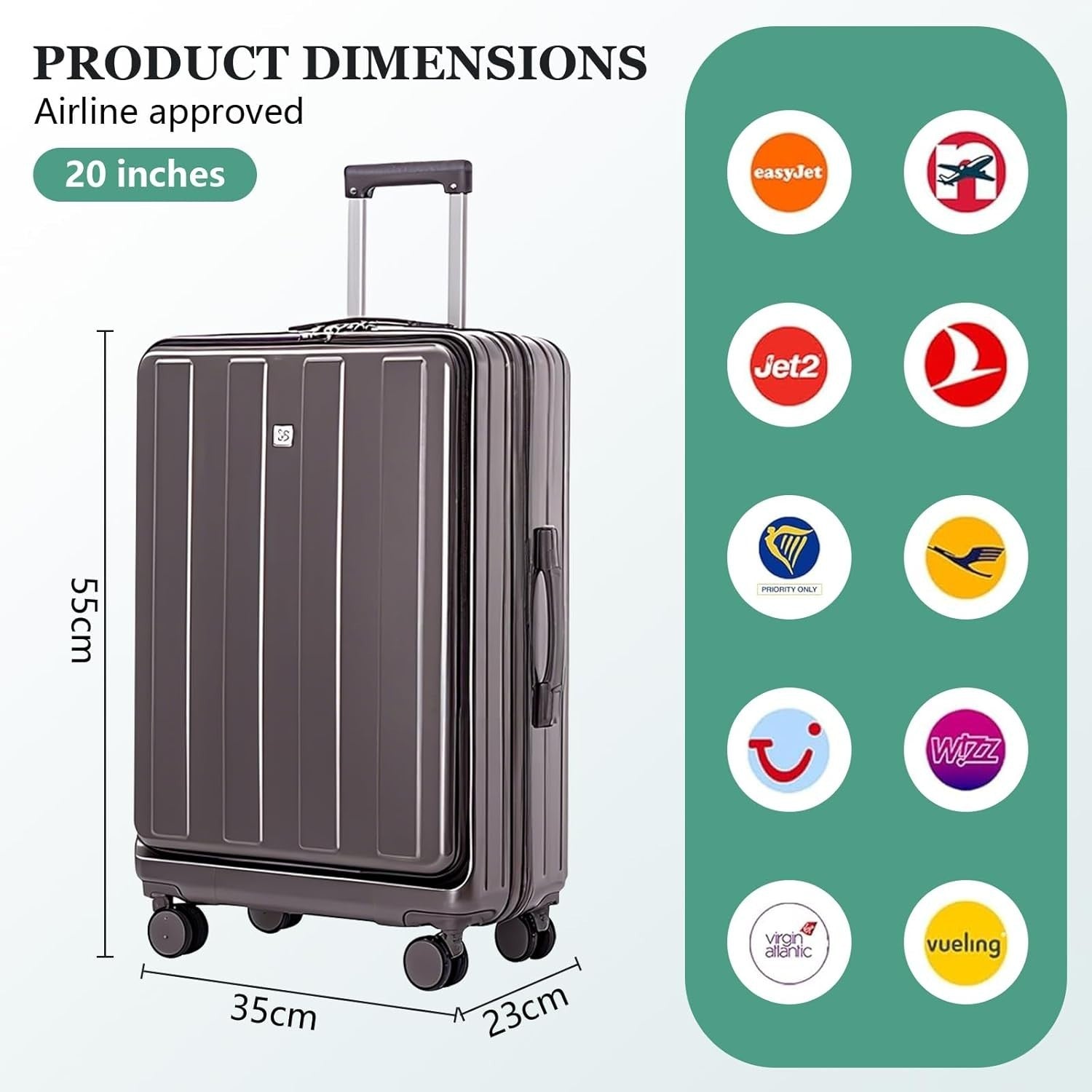 Gray 20” Cabin Spinner Suitcase Hard Shell USB Charging Carry On