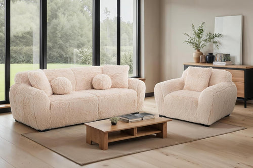 Teddy Sofa 4 Seater Cream Faux Fur, Deep Plush Seat, Fluffy Modern Couch