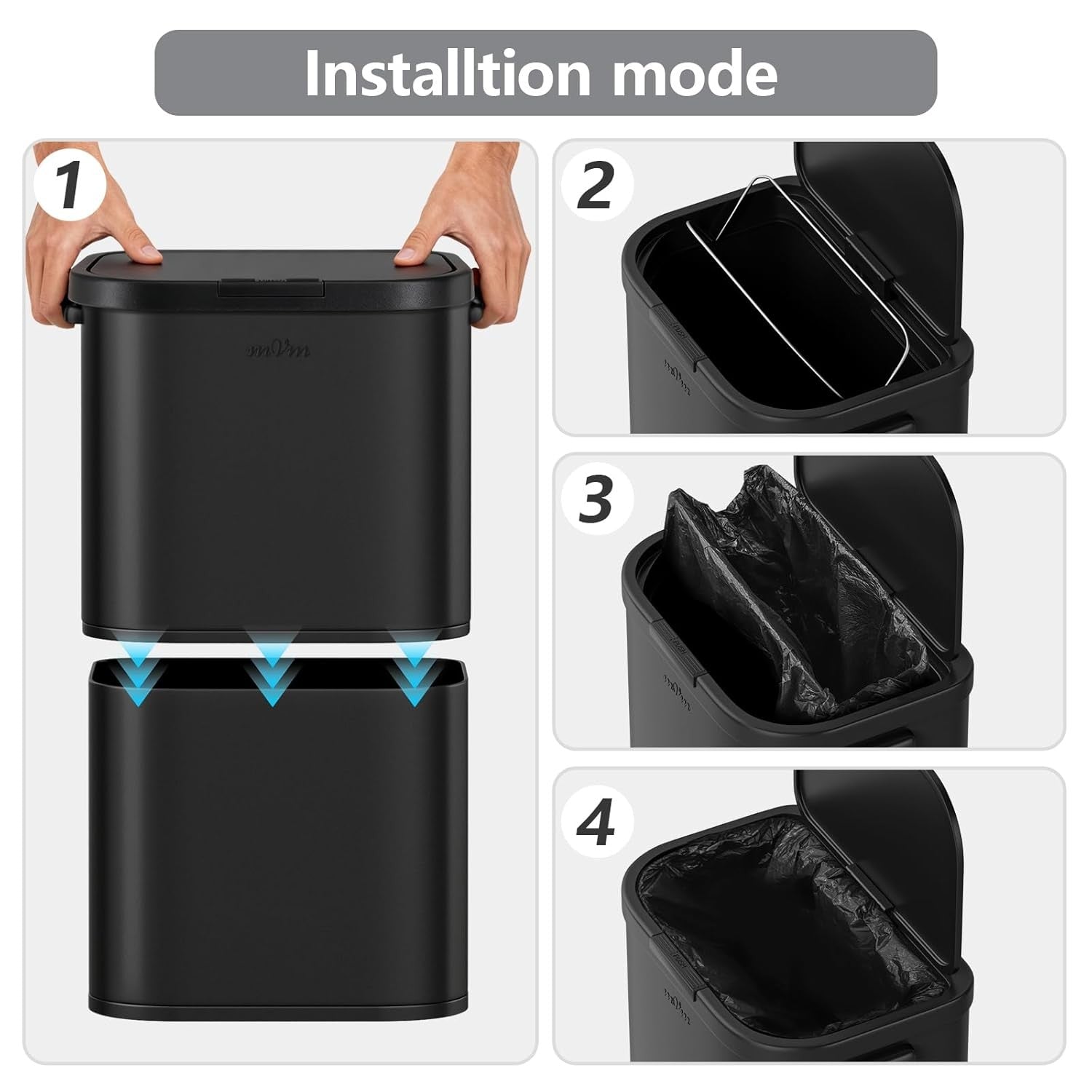 Large 60L Kitchen Trash Bin Black Stainless Steel Soft-Close Rubbish Can