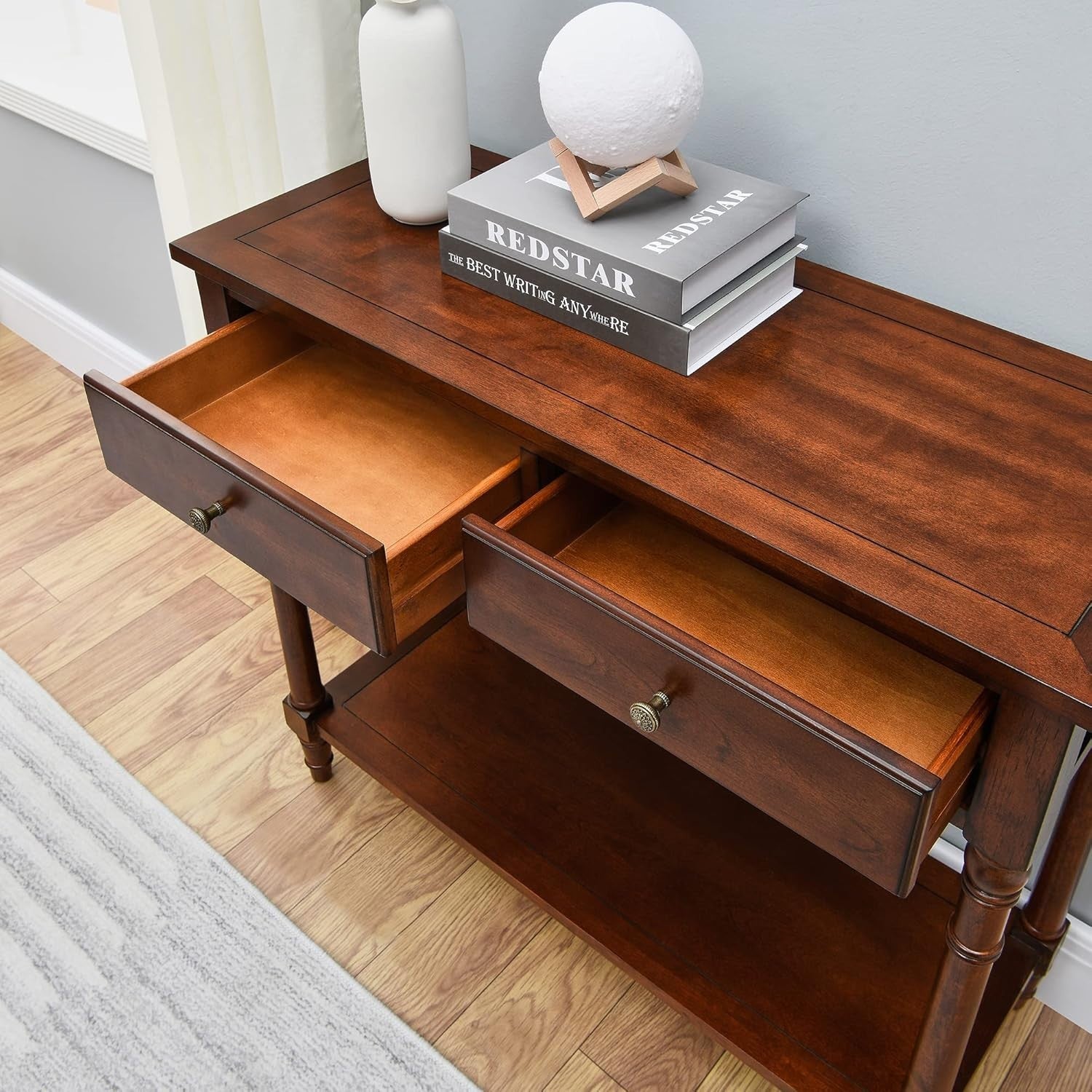 Wood Console Table with 2 Drawers & Shelf, 90x76.5cm, Sturdy Storage