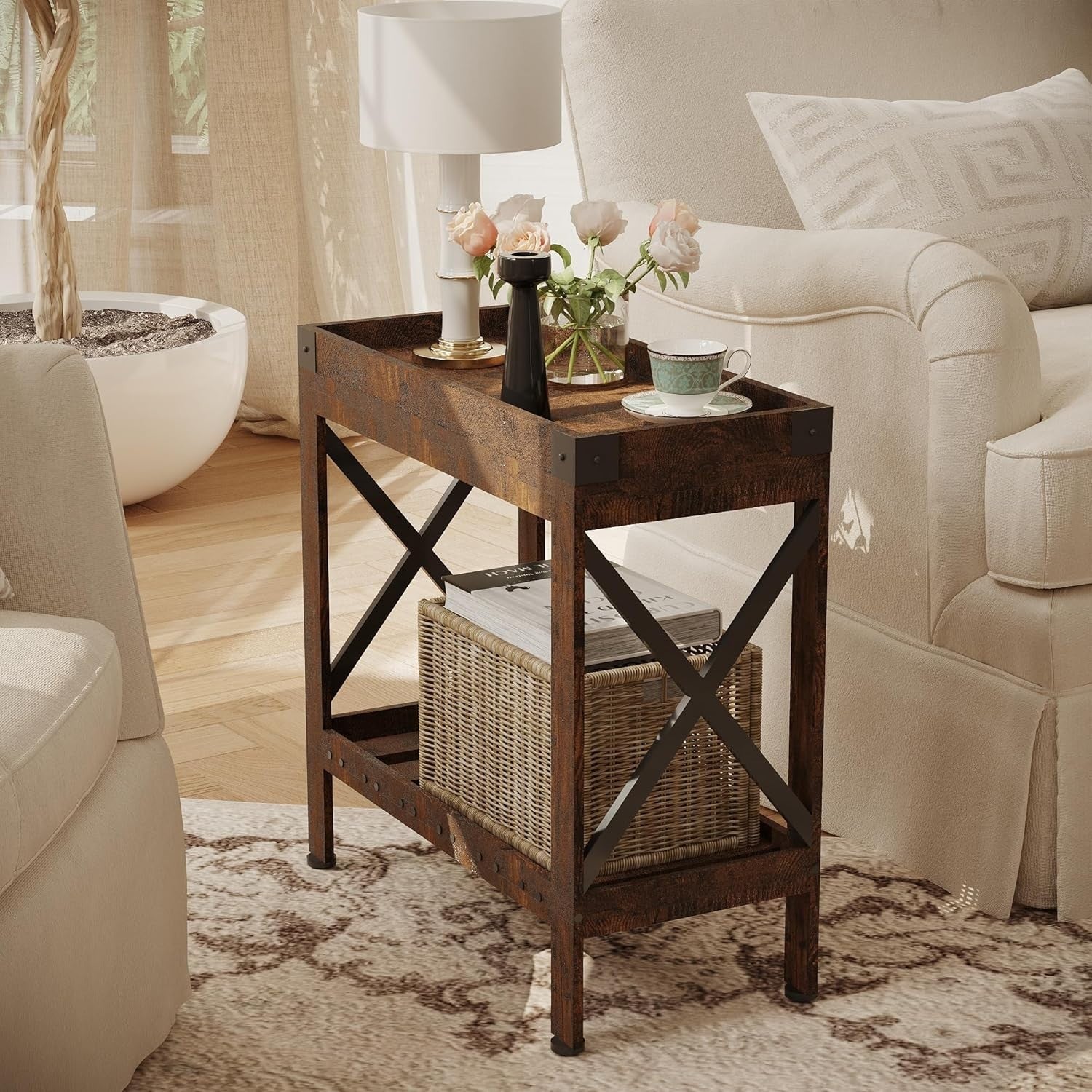 Narrow Rustic Brown Side Table with Storage Shelf – Compact End Table