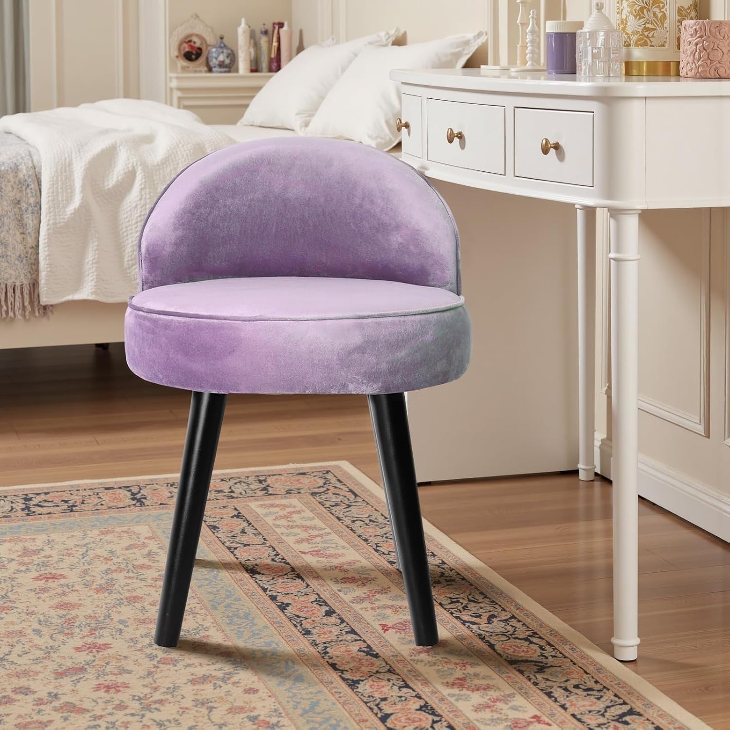 Purple Velvet Low-Back Vanity Stool with Wood Legs – Makeup Chair 49×49×68cm