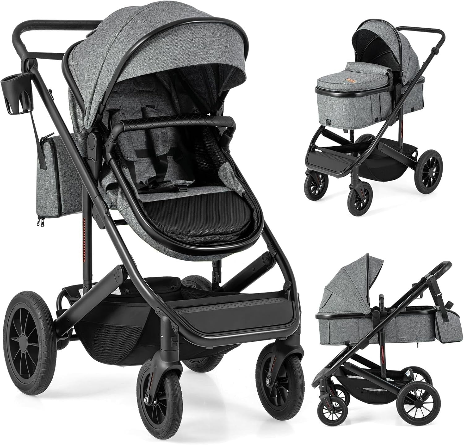 3in1 Baby Stroller Travel System Foldable Pushchair Reversible Seat Grey