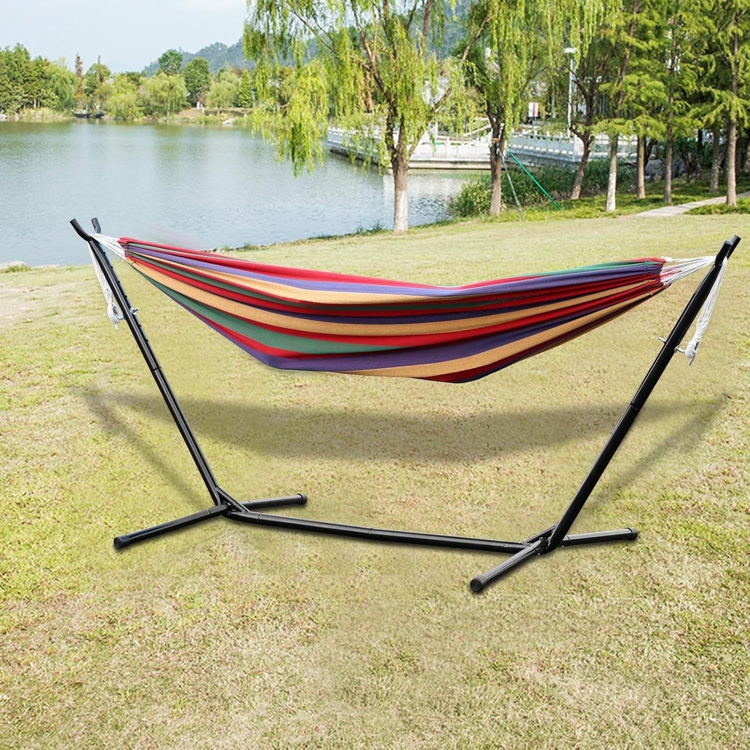Red Double Hammock with Stand | 440lb Capacity | Portable Outdoor Garden Bed