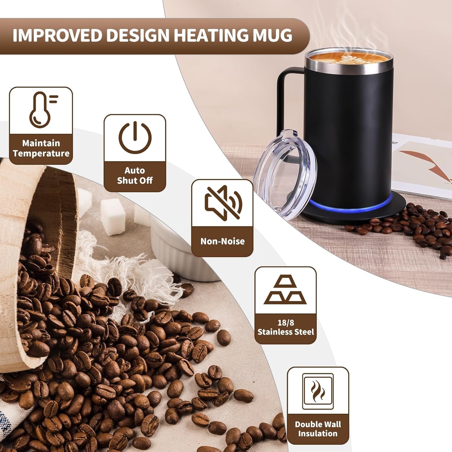 Self Heating Coffee Mug Set USB Warmer 12oz 10H Auto Off