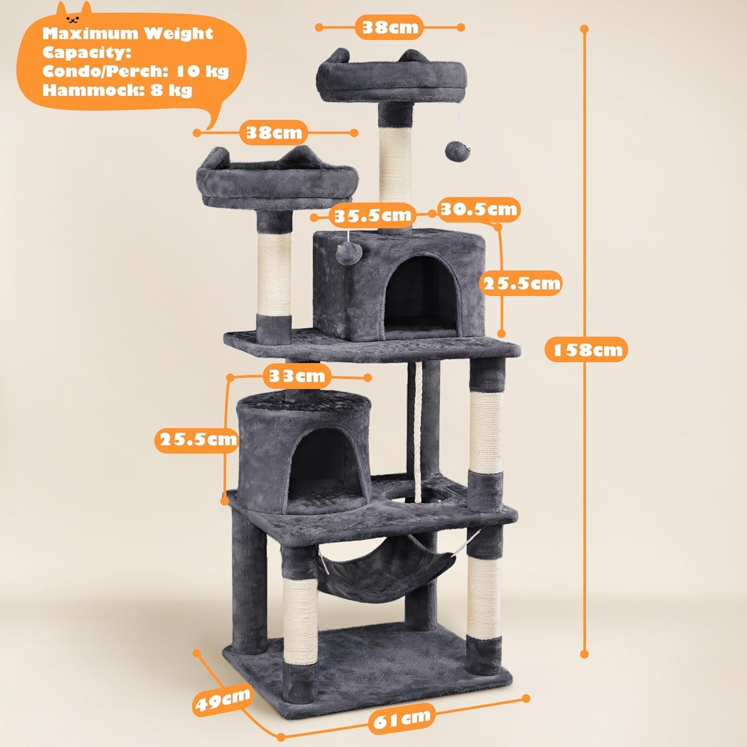 158cm Cat Tree Tower Multi Level Scratching Post Indoor Climber with Hammock