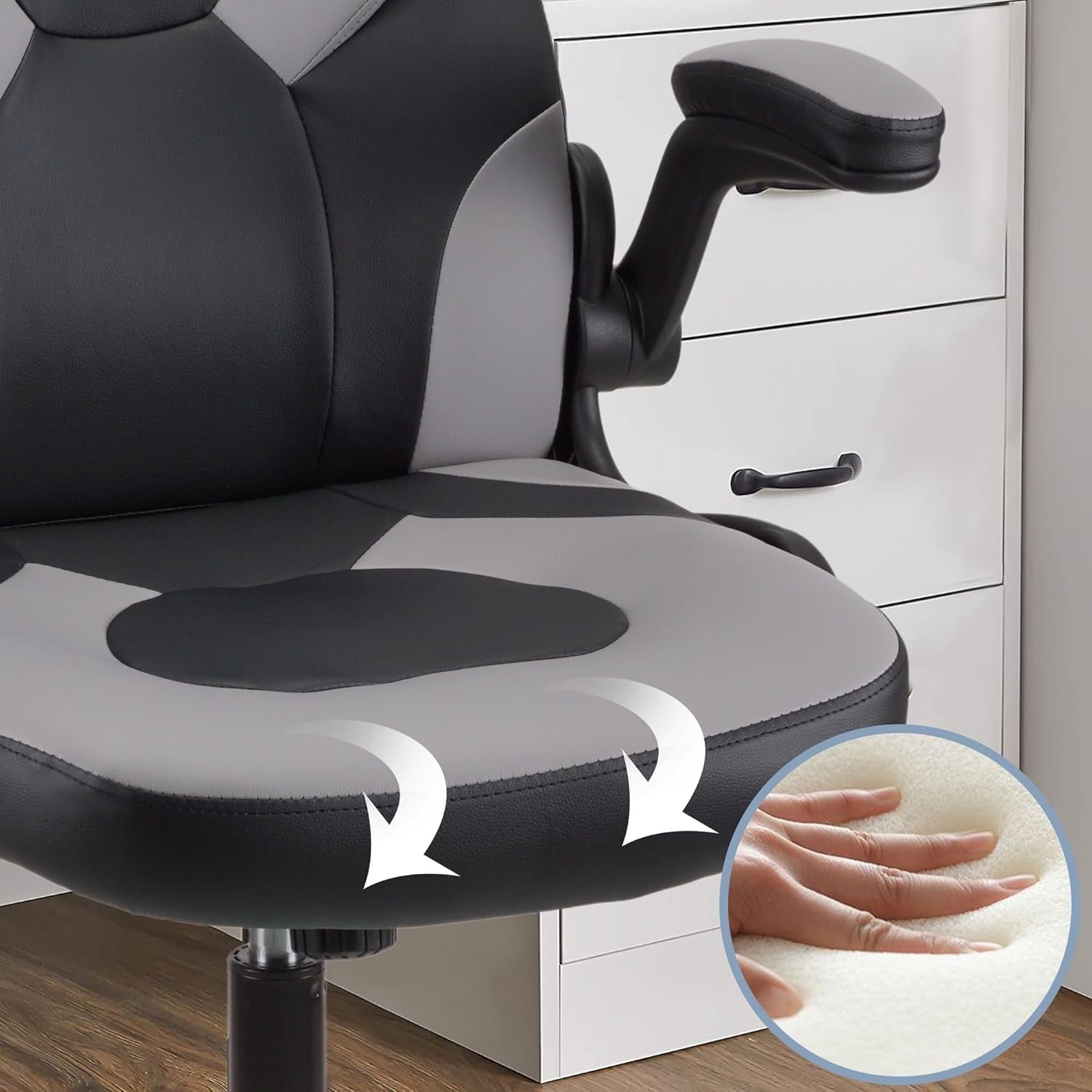 Ergonomic Grey Gaming Chair Office PC Desk Chair Adjustable Height Lumbar PU Lea