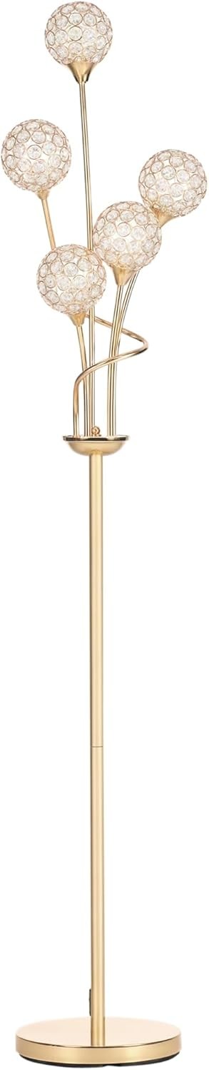 5 Light Gold Floor Lamp Modern Standing Crystal Shades Living Room Bedroom