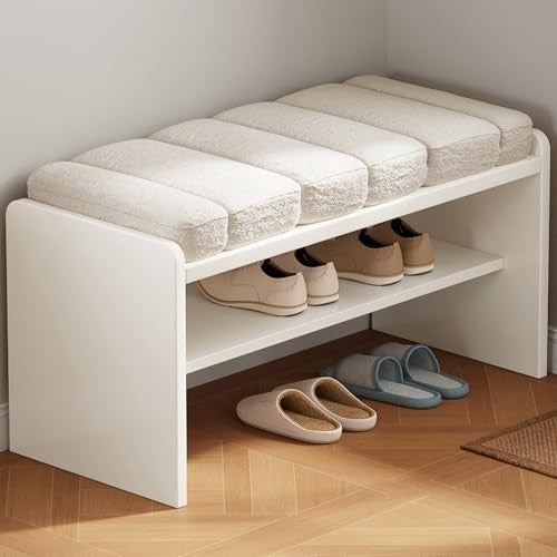 Beige Velvet Shoe Storage Bench with Cushion Seat – Modern Hallway Stool