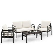 4 Piece Rattan Garden Furniture Set w/ Cushions & Glass Table Patio Seating Set