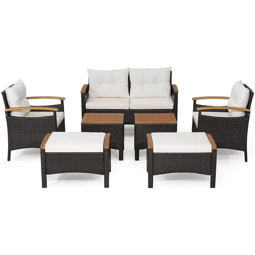 7PC Rattan Garden Patio Sofa Set – Outdoor Chairs Ottomans Table Cushions