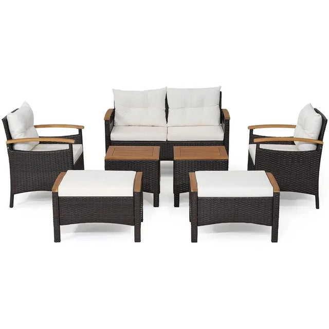 7PC Rattan Garden Patio Sofa Set – Outdoor Chairs Ottomans Table Cushions