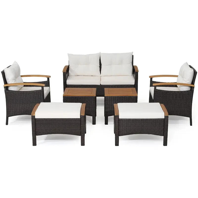 7PC Rattan Garden Patio Sofa Set – Outdoor Chairs Ottomans Table Cushions