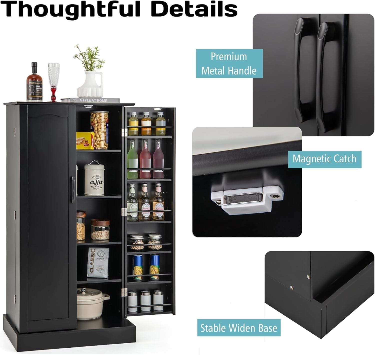 Tall Black Kitchen Pantry Cupboard Storage Cabinet Adjustable Shelves Unit