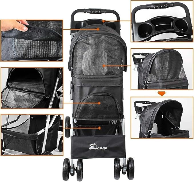 Dog Stroller with Rain Cover Foldable Pet Pram Small Medium Dogs Cats Pushchair