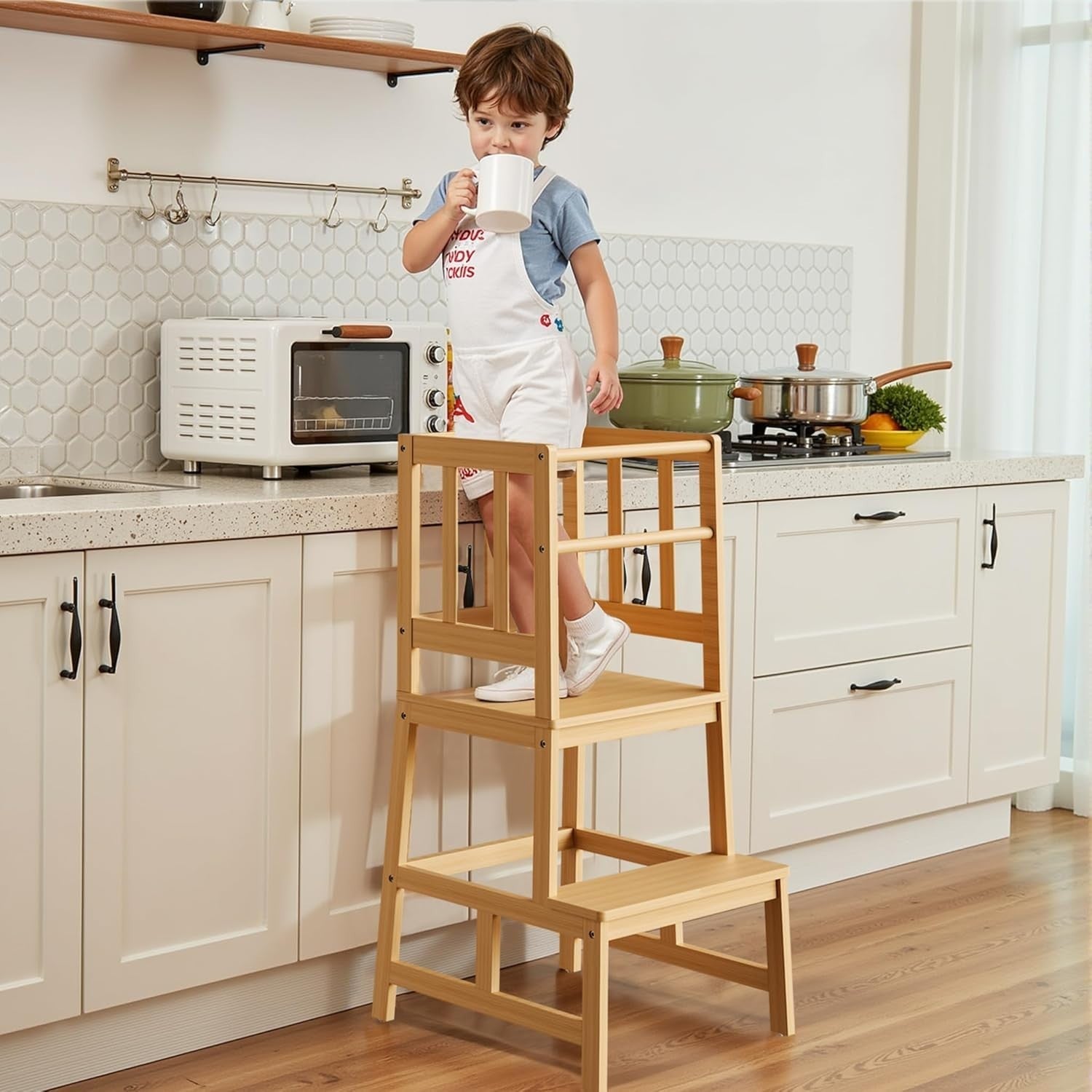 Kids Learning Tower Bamboo Step Stool – Montessori Kitchen Helper Safe