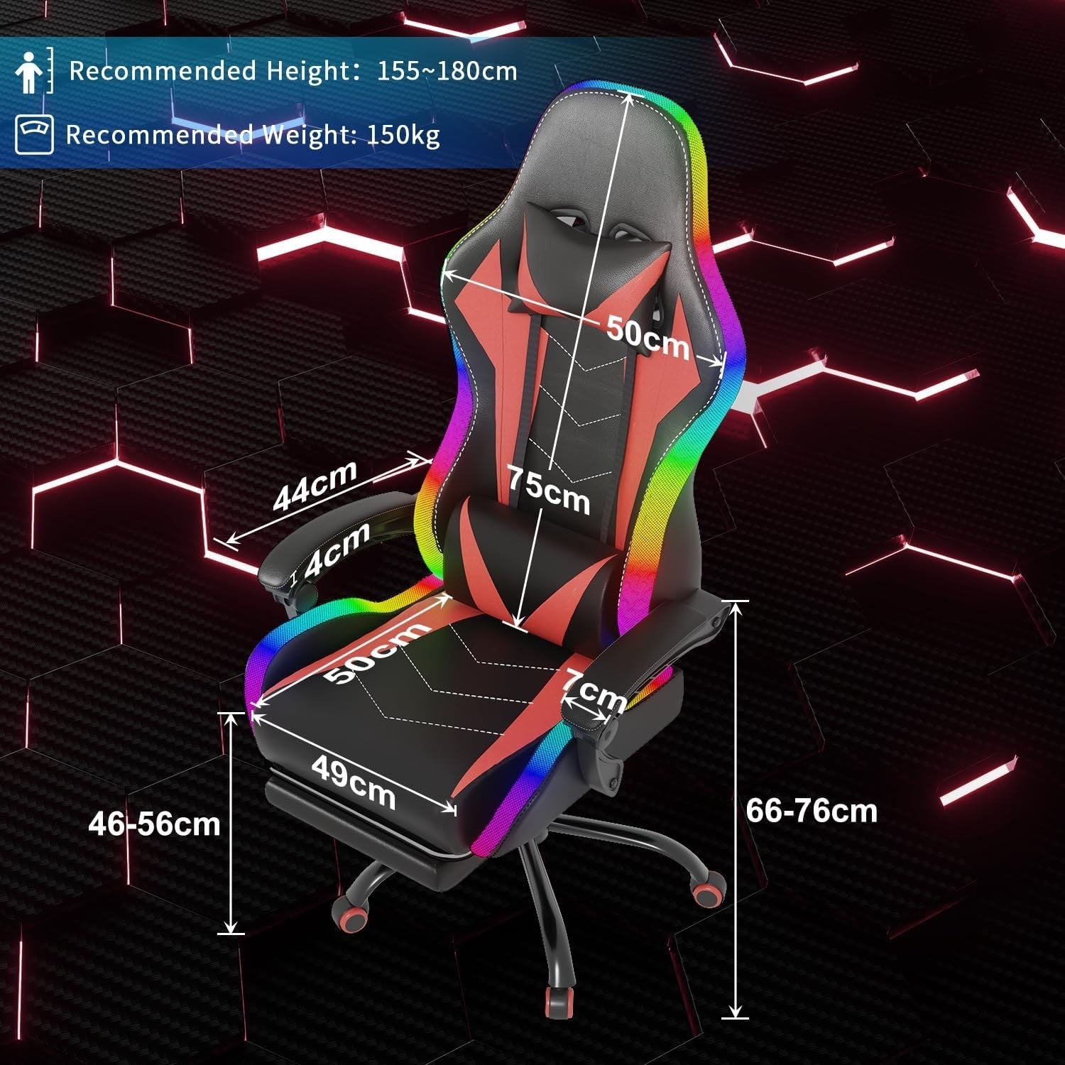 Gaming Chair Red LED High Back Reclining PU Leather Office Racing Seat Massage