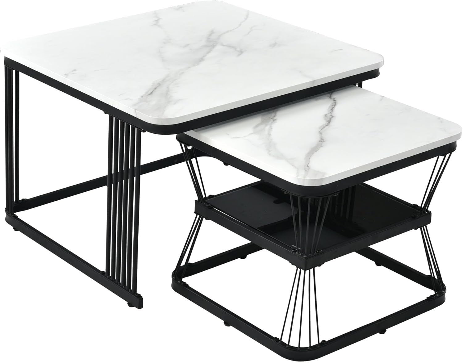 Nesting Coffee Table Set of 2 Square Modern End Side Tables Wood Top Metal Frame