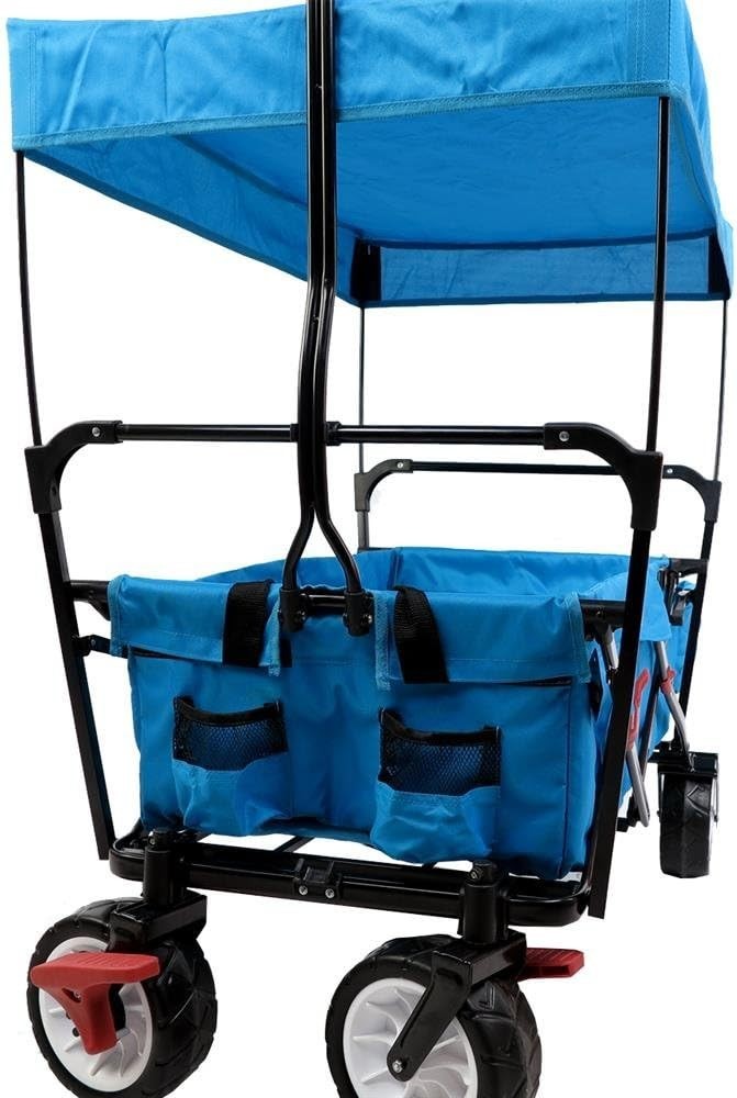 Blue Folding Wagon w/ Canopy Compact Pull Cart Outdoor Garden Trolley w/ Bag