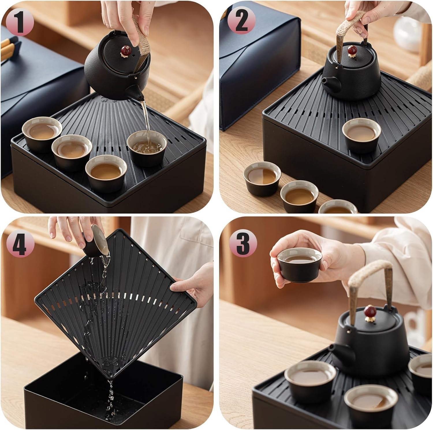 7Pc Gongfu Tea Set Ceramic Teapot 4 Cups Tea Tray Travel Bag Kit