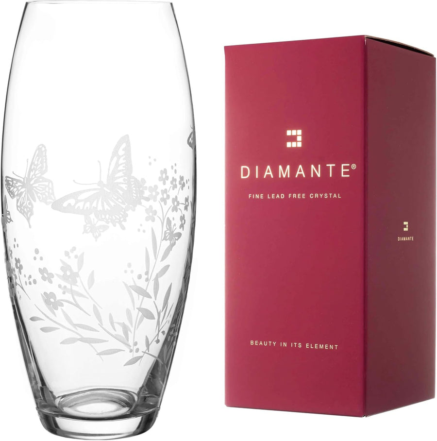 Crystal Glass Flower Vase 30cm Tall Etched Butterfly Floral Home Décor