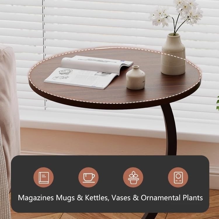 Slim Rustic Brown C-Shaped Side Table with Magazine Rack, Space-Saving