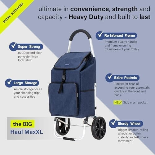 64L Large Wheeled Shopping Trolley Lightweight Foldable Grocery Cart