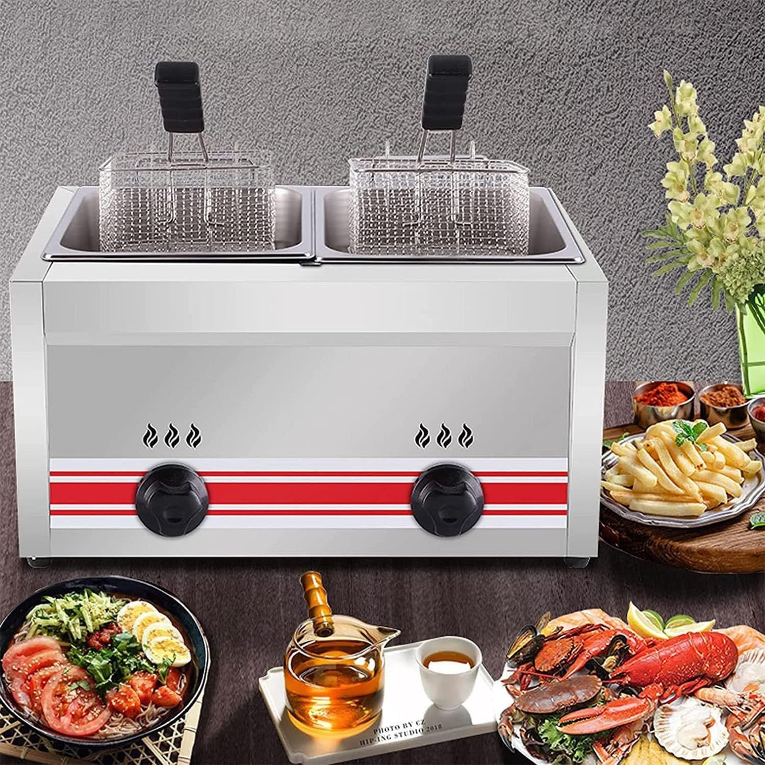 Commercial LPG Gas Deep Fryer Stainless Steel Countertop Adjustable Flame