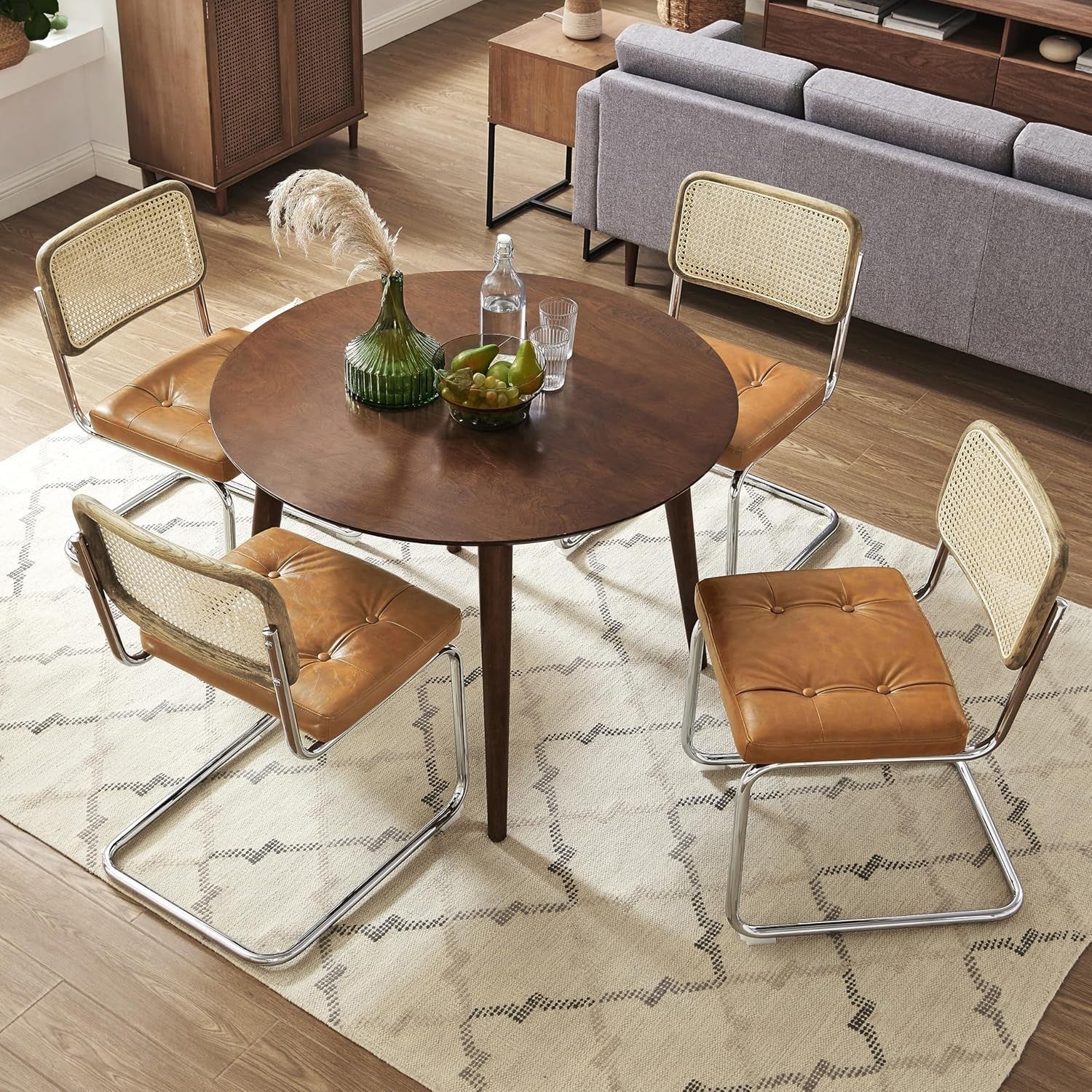 Rattan Dining Chairs Set of 2 Faux Leather Cane Back Kitchen Chairs