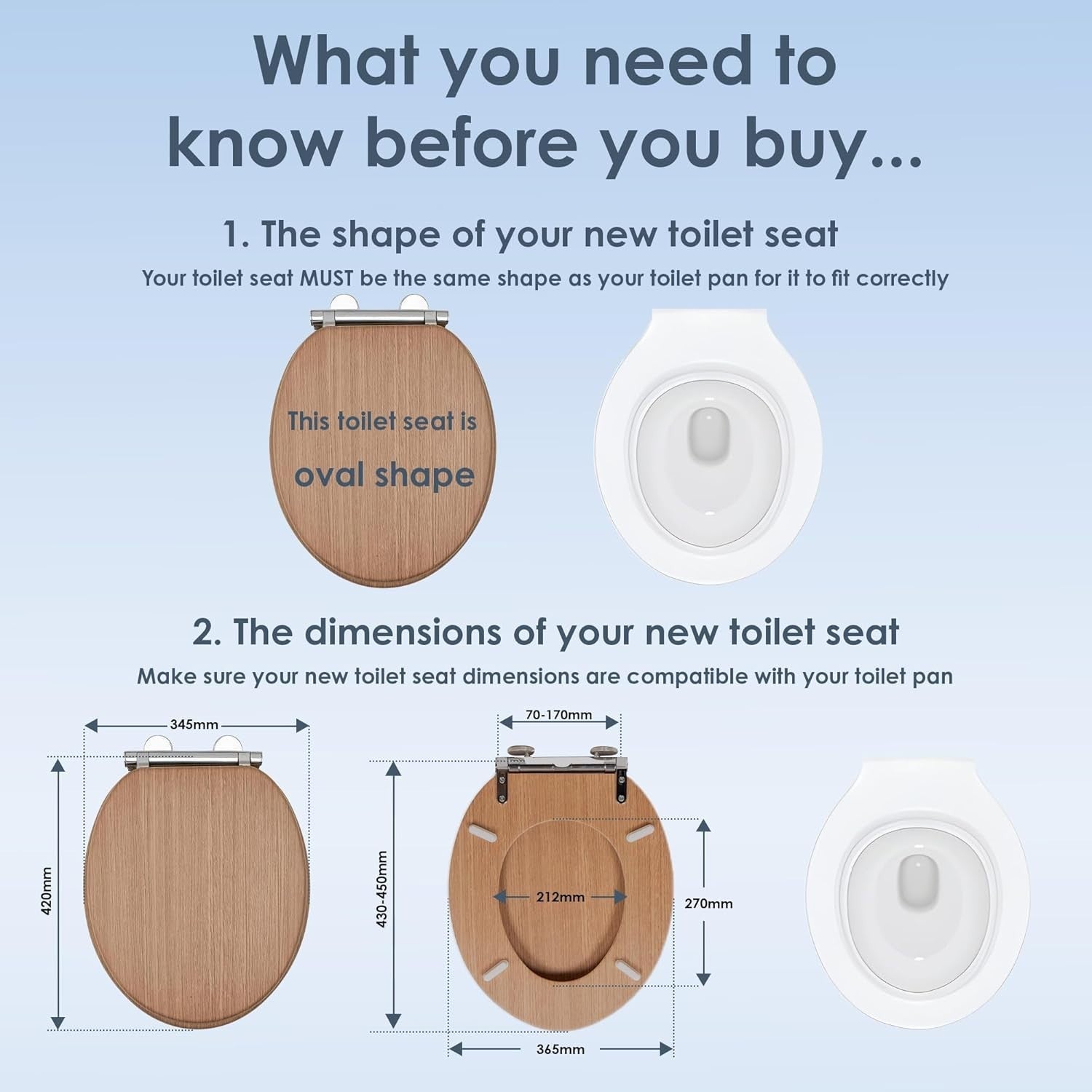 Oak Toilet Seat Tongue & Groove Moulded Wood Stainless Steel Hinges 42x35cm
