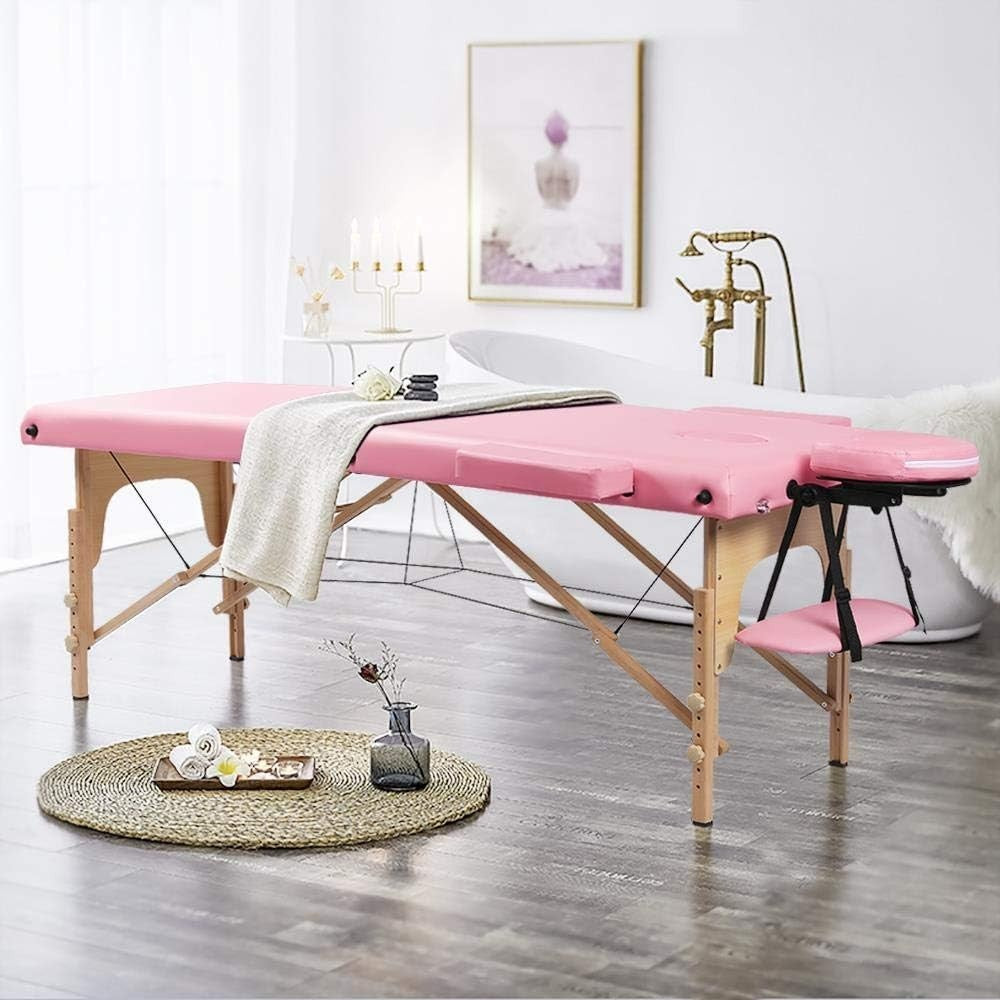 Portable Wood Massage Table Folding 2-Section Beauty Lash Bed Pink 60cm Width