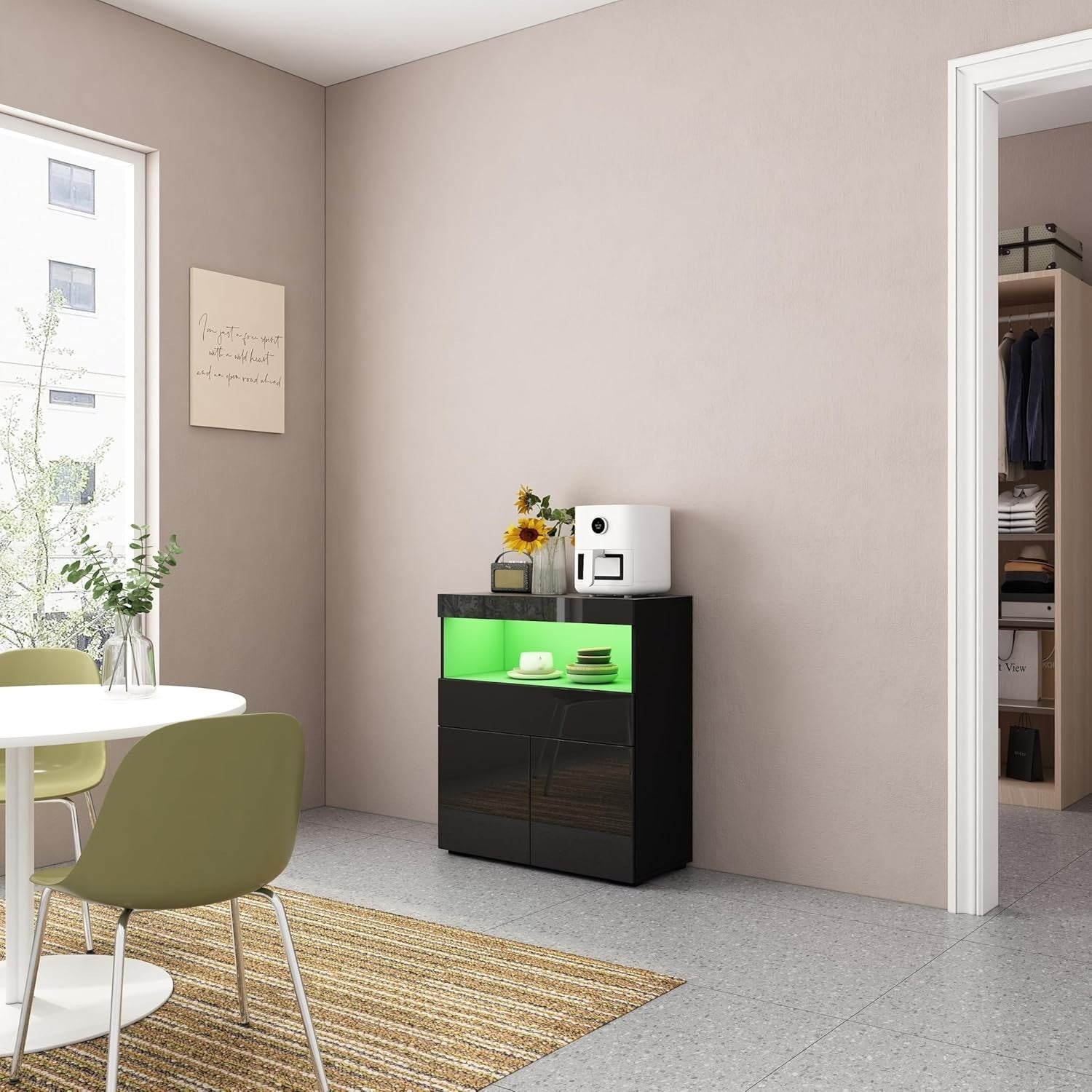 Black High Gloss Sideboard Cabinet with LED Lights, Storage & Lockable Doors