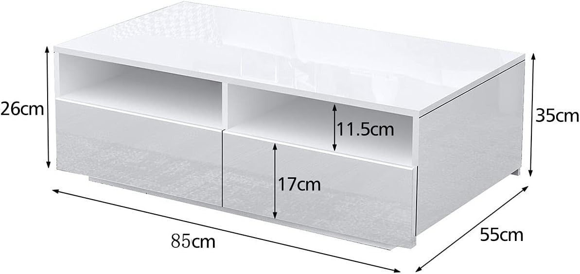 White Gloss Coffee Table with 4 Drawers & LED Lights Modern 85x55x35cm